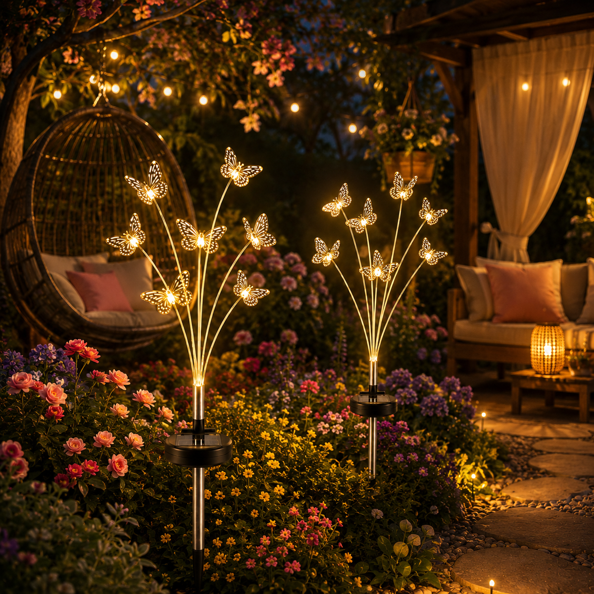 Set 2 x Lămpa Solara LED Decorativa Fluture 70 cm, 6 Fire Flexibile, Aprindere Automată, IP66, Iluminare Alb Cald pentru