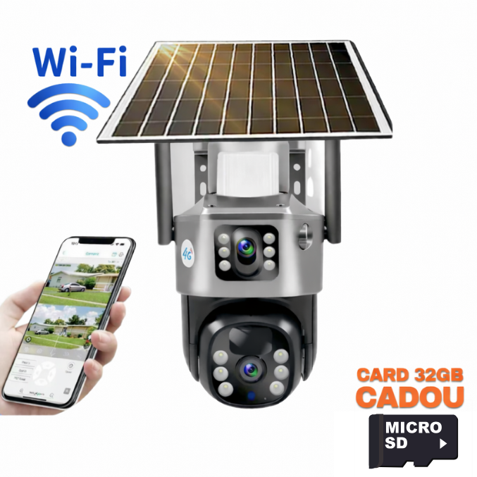 Camera de supraveghere VISURON™ dubla Wifi cu panou solar si rotire 355° + CARD SD 32GB CADOU