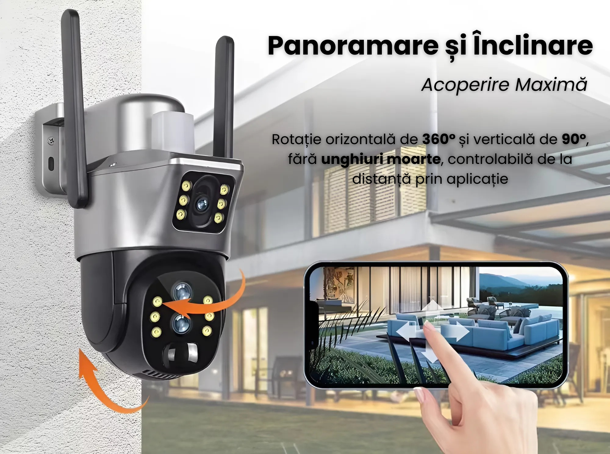 Camera de supraveghere VISURON™ dubla Wifi cu panou solar si rotire 355° + CARD SD 32GB CADOU