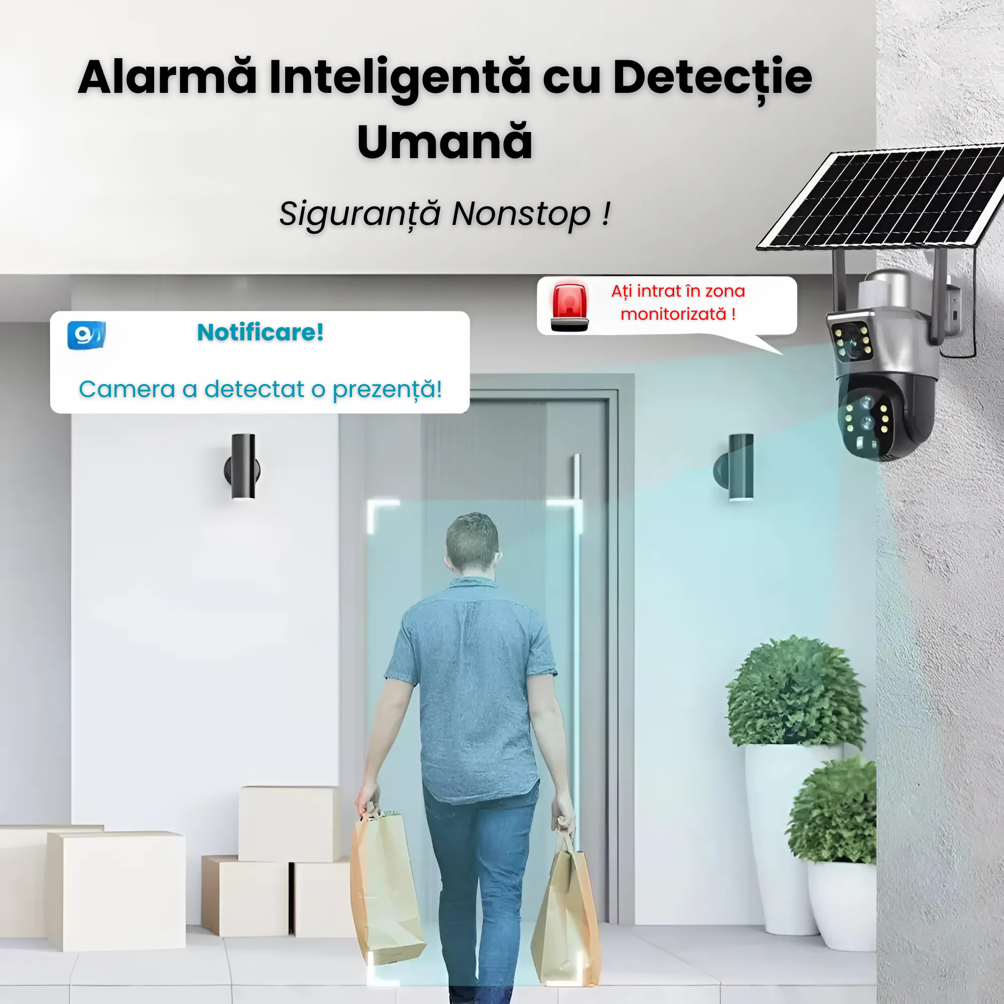 Camera de supraveghere VISURON™ dubla Wifi cu panou solar si rotire 355° + CARD SD 32GB CADOU