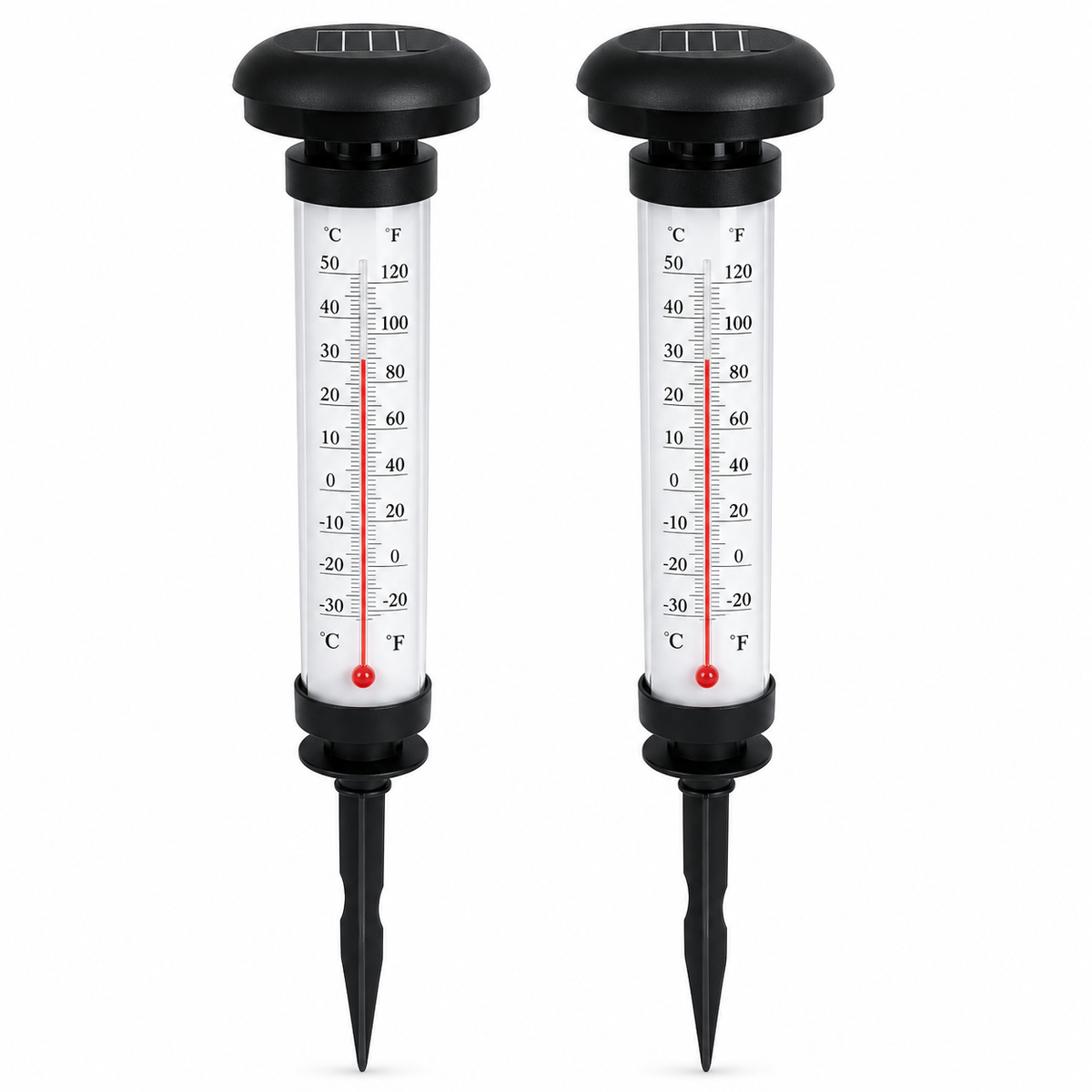 Set 2 Termometre Solare de Gradina cu Lampa LED, Afisaj Dual Celsius/Fahrenheit, Aprindere Automata, Incarcare Solara, T