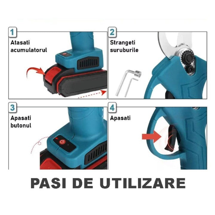 Foarfeca Electrica de Gradina, 48V, 2 Acumulatori, Unghi Reglabil de Taiere