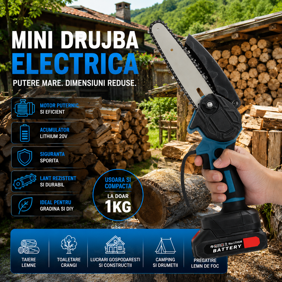 Fierastrau electric OKBOONS de mana 48V, 6 inch, 2 acumulatori, 2 lanturi