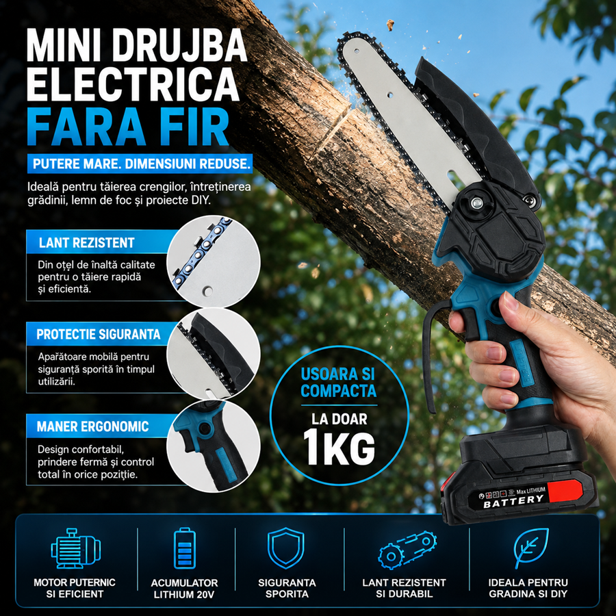 Fierastrau electric OKBOONS de mana 48V, 6 inch, 2 acumulatori, 2 lanturi