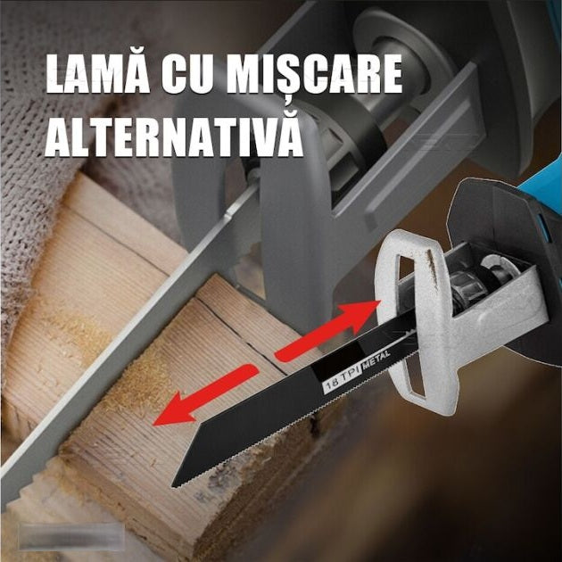 Fierastrau electric OKBOONS™ tip sabie, 2 acumulatori de 48V, 4 lame, lemn/metal, taiere alternativa, 3000 curse pe minut, 0-100mm capacitate de taiere, cursa de 20mm, tip soricel, negru-albastru