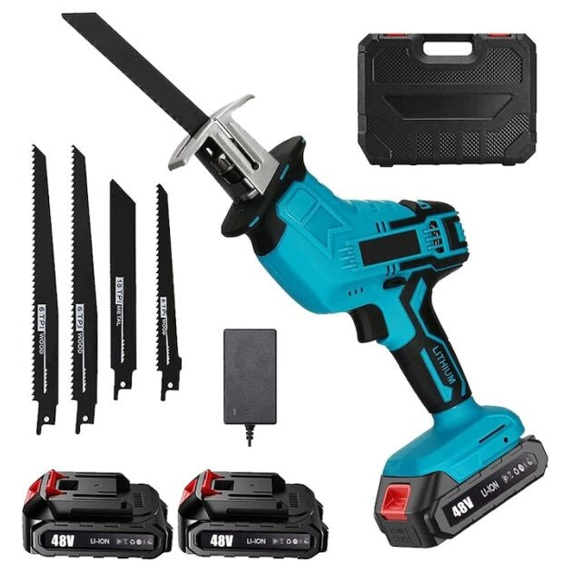 Fierastrau electric OKBOONS™ tip sabie, 2 acumulatori de 48V, 4 lame, lemn/metal, taiere alternativa, 3000 curse pe minut, 0-100mm capacitate de taiere, cursa de 20mm, tip soricel, negru-albastru