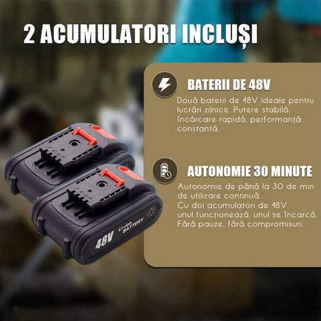 Fierastrau electric OKBOONS™ tip sabie, 2 acumulatori de 48V, 4 lame, lemn/metal, taiere alternativa, 3000 curse pe minut, 0-100mm capacitate de taiere, cursa de 20mm, tip soricel, negru-albastru