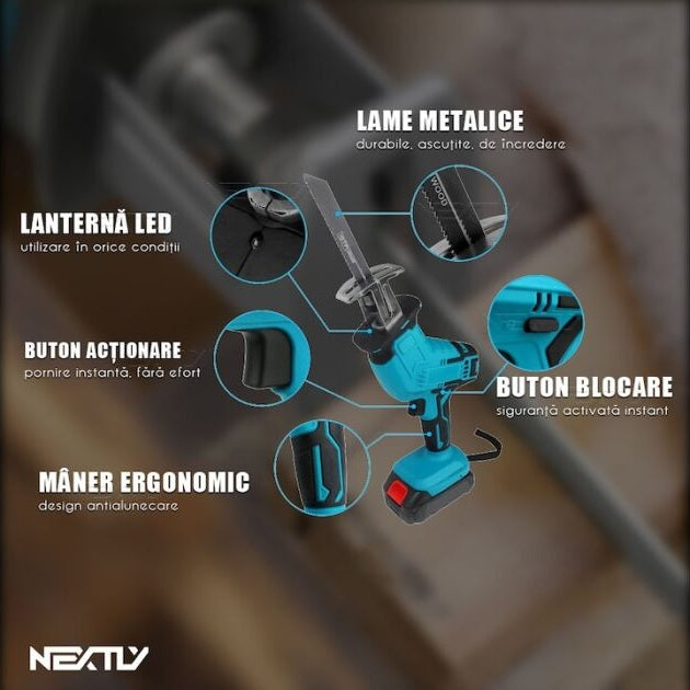 Fierastrau electric OKBOONS™ tip sabie, 2 acumulatori de 48V, 4 lame, lemn/metal, taiere alternativa, 3000 curse pe minut, 0-100mm capacitate de taiere, cursa de 20mm, tip soricel, negru-albastru