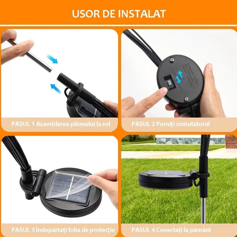 Set 2 x Lampa Solara Licurici pentru Gradina, 6 LED-uri, 70 cm, Lumina Alb Cald