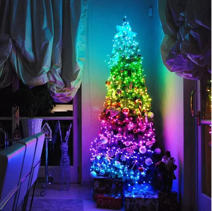 Instalatie brad smart de Craciun cu LED-uri RGB, fir cupru, bluethooth, telecomanda si control prin aplicatie, 10M