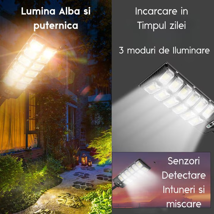 Lampa Solara VISURON – Proiector Exterior cu 420 LED-uri, 10 Casete, Panou Solar Integrat, Telecomanda & Senzor de Miscare, IP67