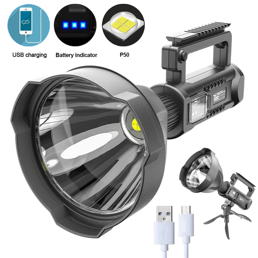 Lanterna Profesionala, cu Led XHP50, Raza de actiune 500m, 4 moduri de iluminare, functie Powerbank, cu trepied inclus