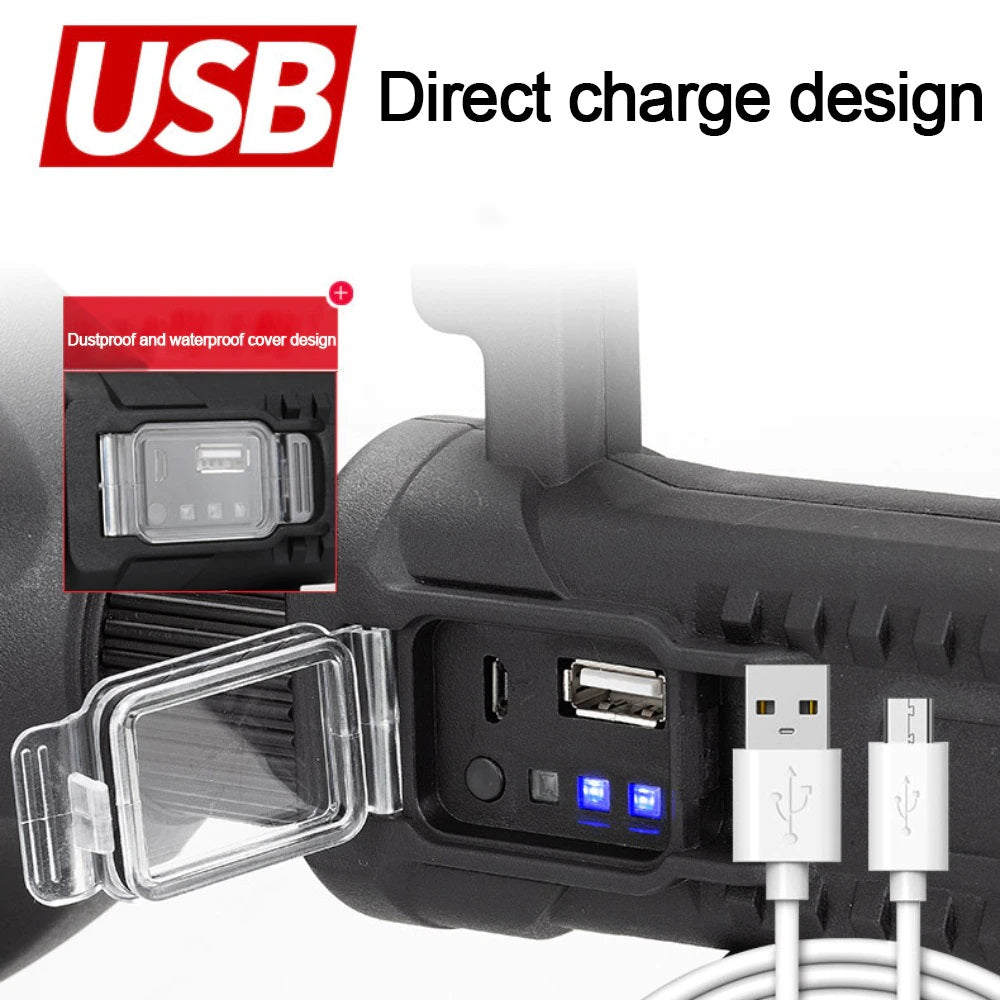 Lanterna Profesionala, cu Led XHP50, Raza de actiune 500m, 4 moduri de iluminare, functie Powerbank, cu trepied inclus