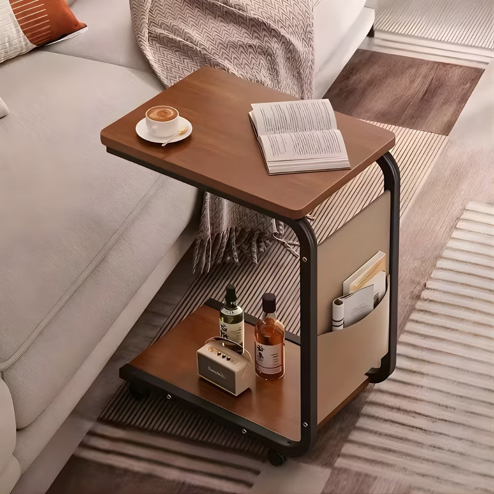 Măsuță de Cafea Multifuncțională cu 2 Blaturi, Compartiment Lateral și Roți