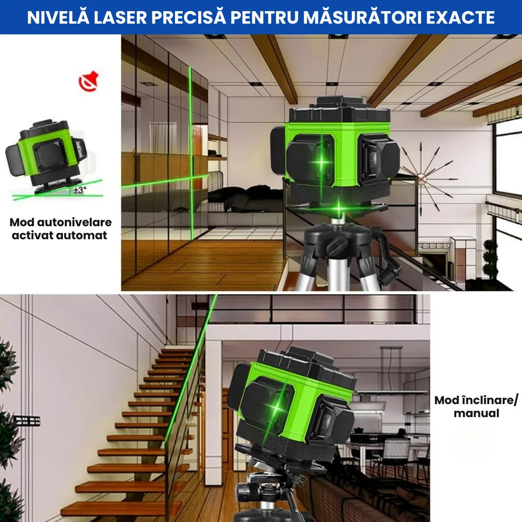 Nivelă Laser OKBOONS™ 4D Profesională cu 16 Linii, Autonivelare, Telecomandă și Trepied 150 cm
