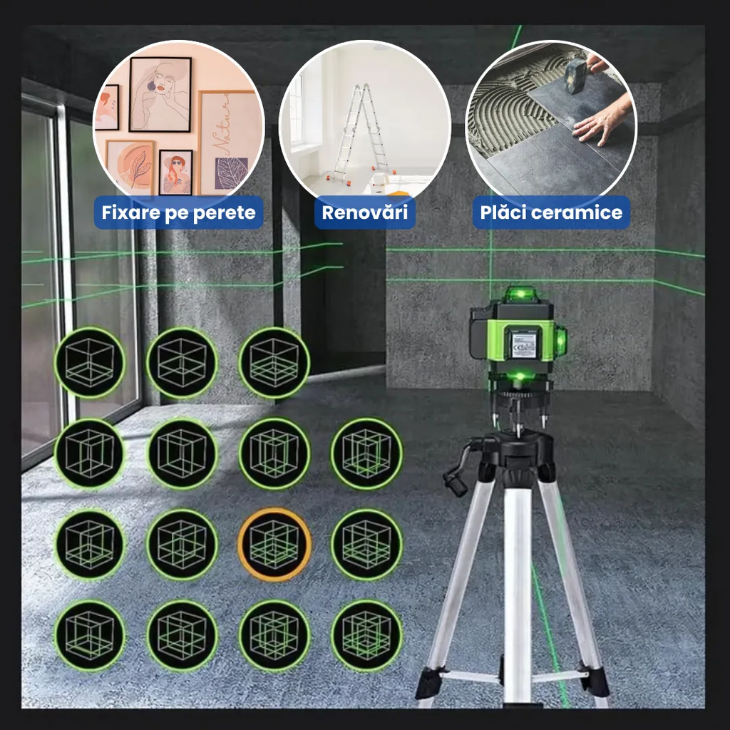 Nivelă Laser OKBOONS™ 4D Profesională cu 16 Linii, Autonivelare, Telecomandă și Trepied 150 cm
