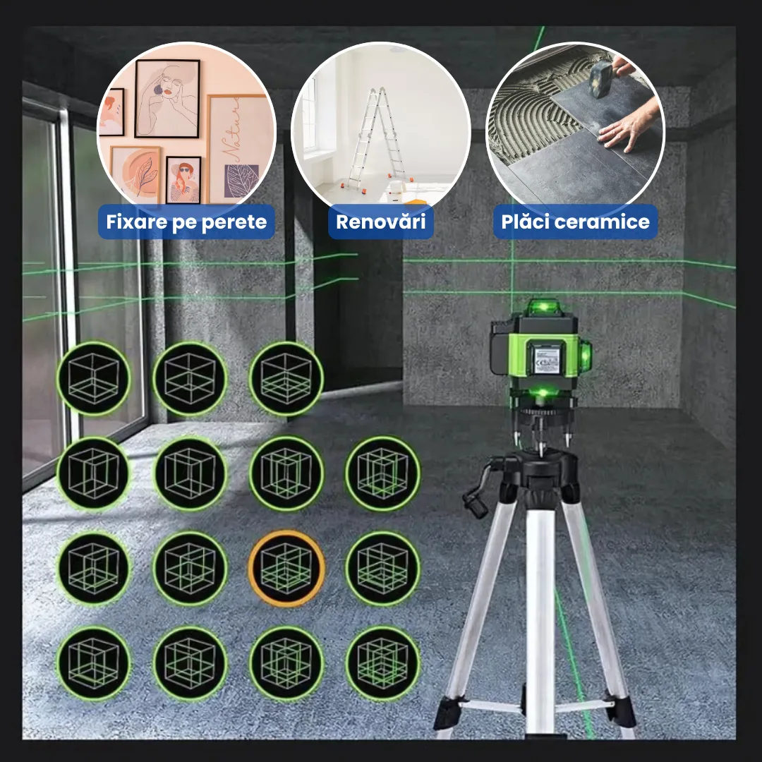 Nivelă Laser OKBOONS™ 4D Profesională cu 16 Linii, Autonivelare, Telecomandă și Trepied 150 cm