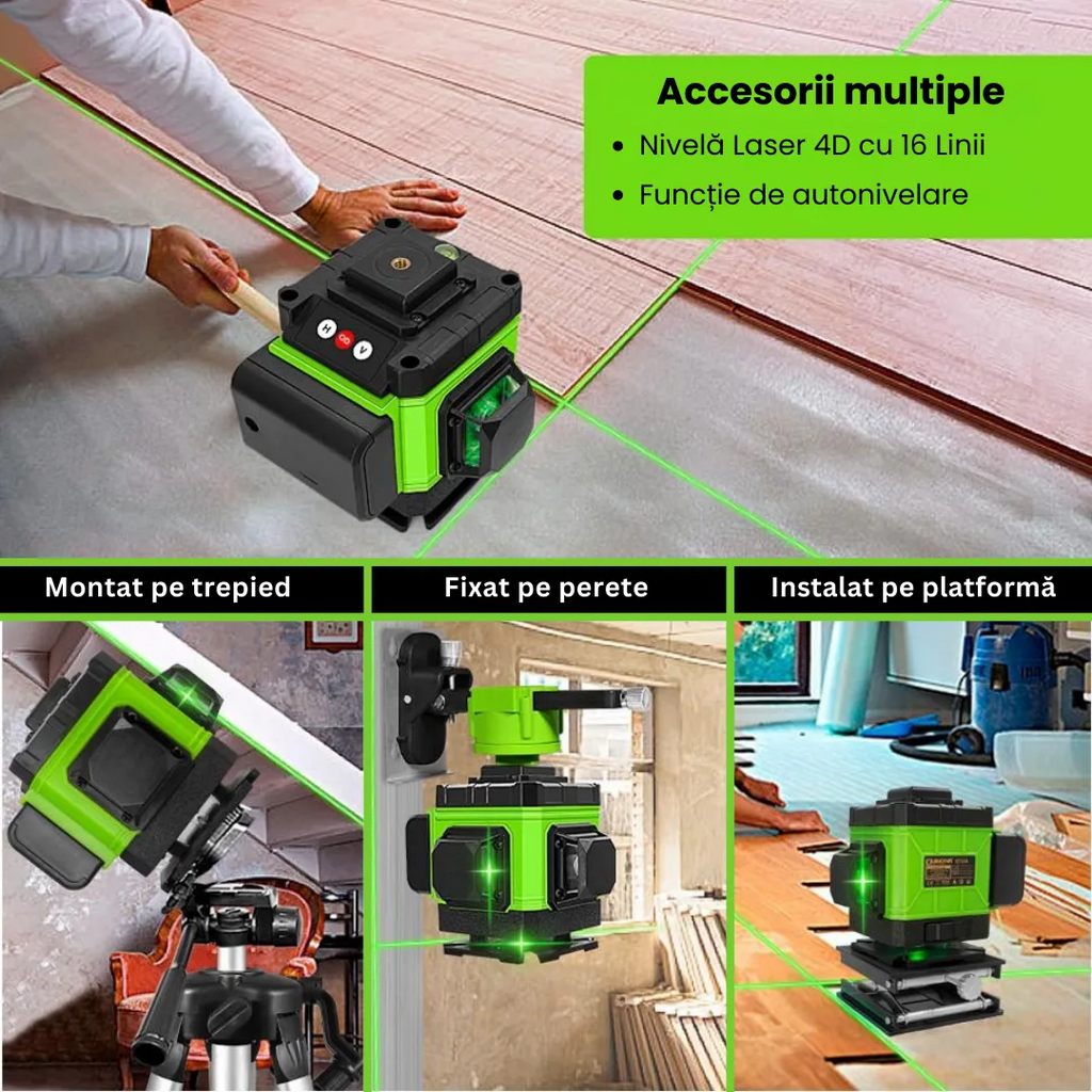 Nivelă Laser OKBOONS™ 4D Profesională cu 16 Linii, Autonivelare, Telecomandă și Trepied 150 cm