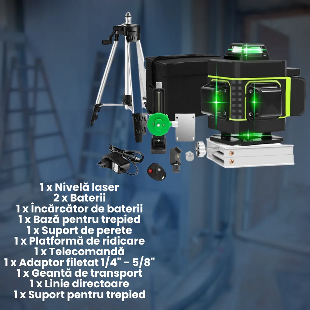 Nivelă Laser OKBOONS™ 4D Profesională cu 16 Linii, Autonivelare, Telecomandă și Trepied 150 cm