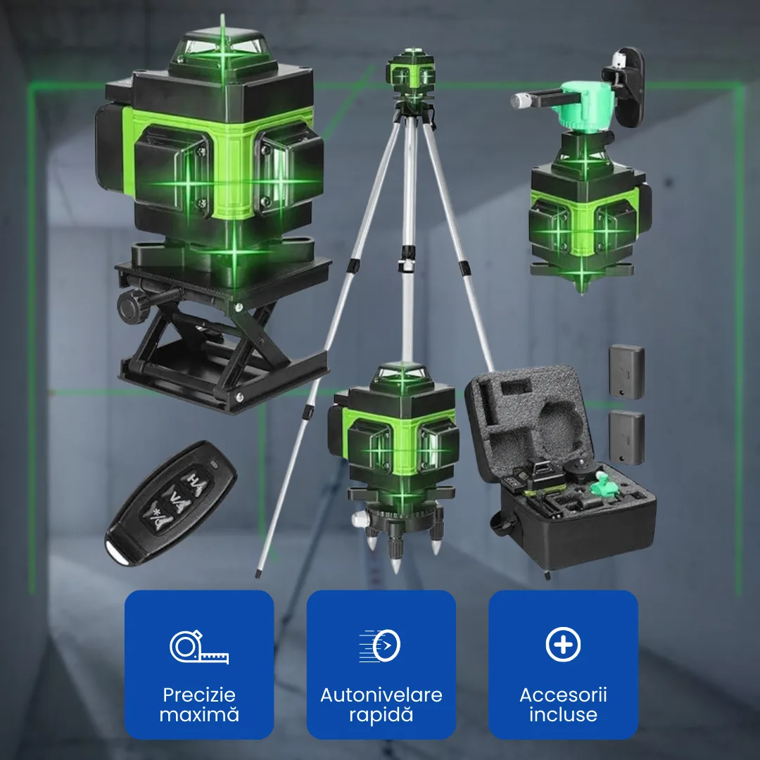 Nivelă Laser OKBOONS™ 4D Profesională cu 16 Linii, Autonivelare, Telecomandă și Trepied 150 cm