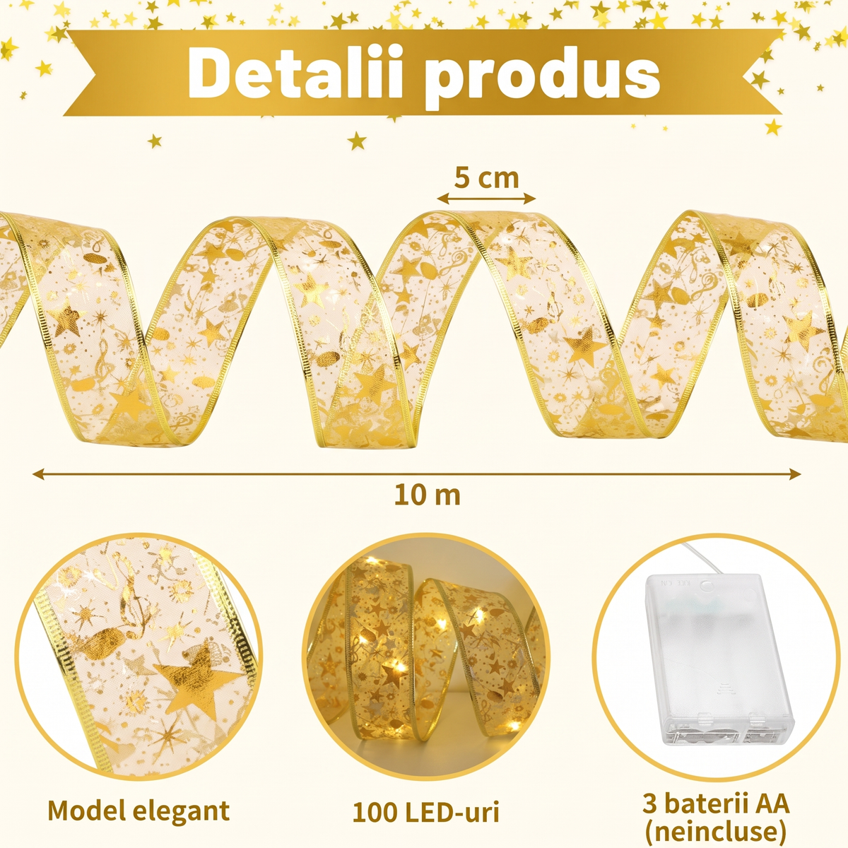 Panglica LED de Craciun, 10m, 100 LED-uri. Alb Cald