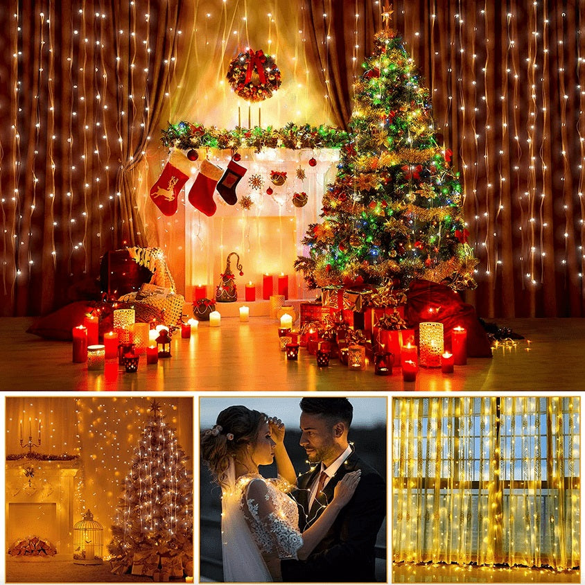 Instalatie decorativa cu telecomanda, Tip Perdea Luminoasa cu fir de cupru, 3m X 3m, 300 LED, 8 Moduri, Alb Cald