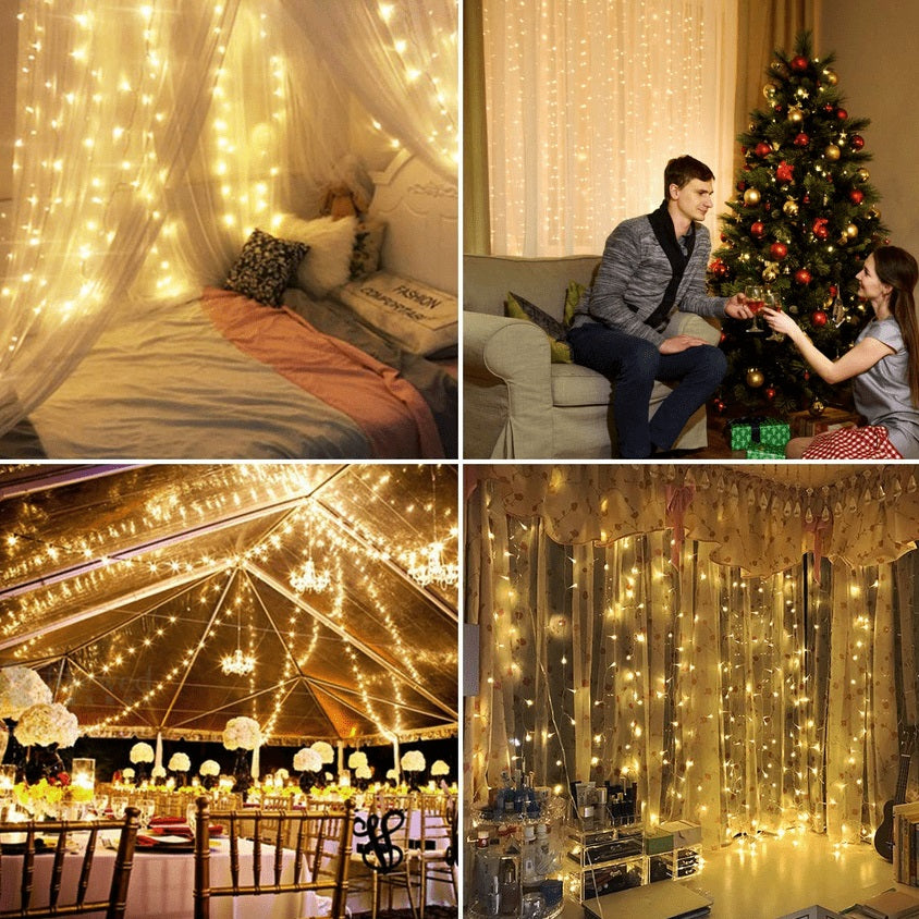 Instalatie decorativa cu telecomanda, Tip Perdea Luminoasa cu fir de cupru, 3m X 3m, 300 LED, 8 Moduri, Alb Cald