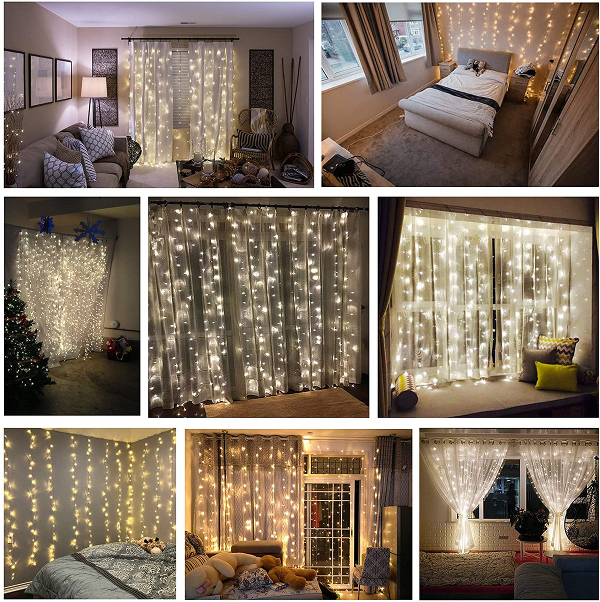 Instalatie decorativa cu telecomanda, Tip Perdea Luminoasa cu fir de cupru, 3m X 3m, 300 LED, 8 Moduri, Alb Cald