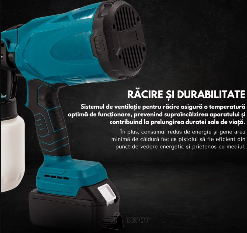 Pistol pentru vopsit profesional OKBOONS™, fara fir, 48V, electric, cu 2 acumulatori Li-Ion, 210W, capacitate 800 ml
