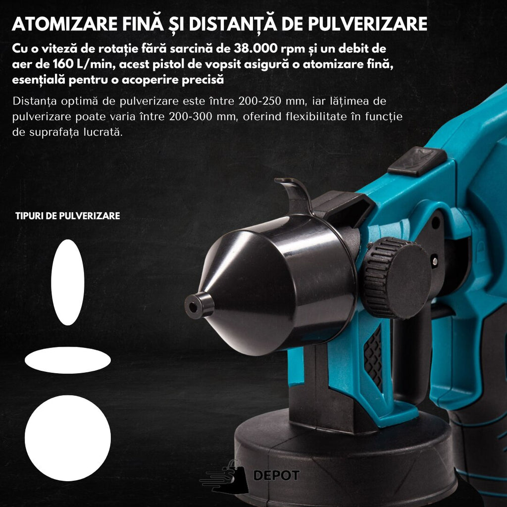 Pistol pentru vopsit profesional OKBOONS™, fara fir, 48V, electric, cu 2 acumulatori Li-Ion, 210W, capacitate 800 ml