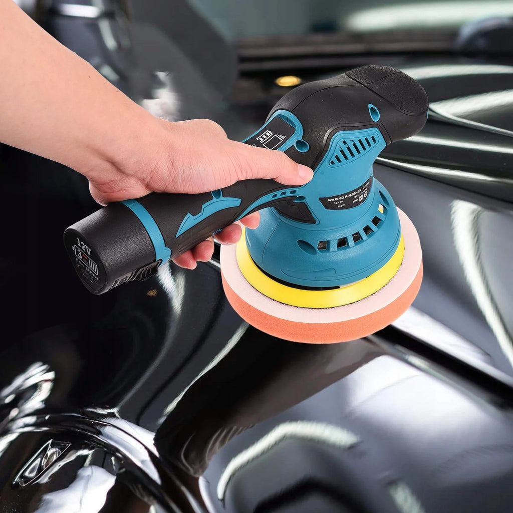 Aparat Polish Auto, 2 Acumulatori 12V, fara fir, portabil, 2500-5000 Rpm, 8 Viteze, Albastru/Negru