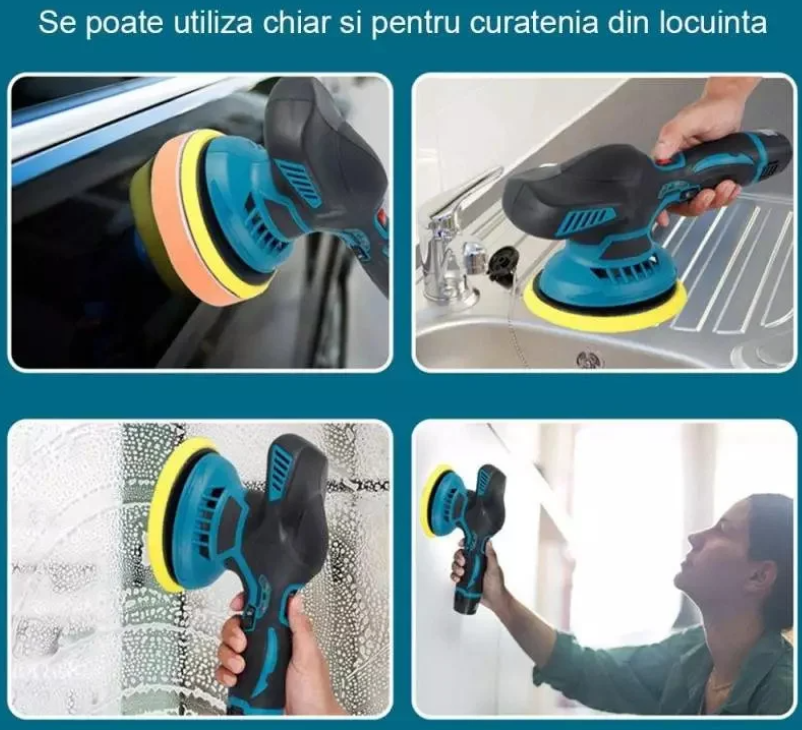 Aparat Polish Auto, 2 Acumulatori 12V, fara fir, portabil, 2500-5000 Rpm, 8 Viteze, Albastru/Negru