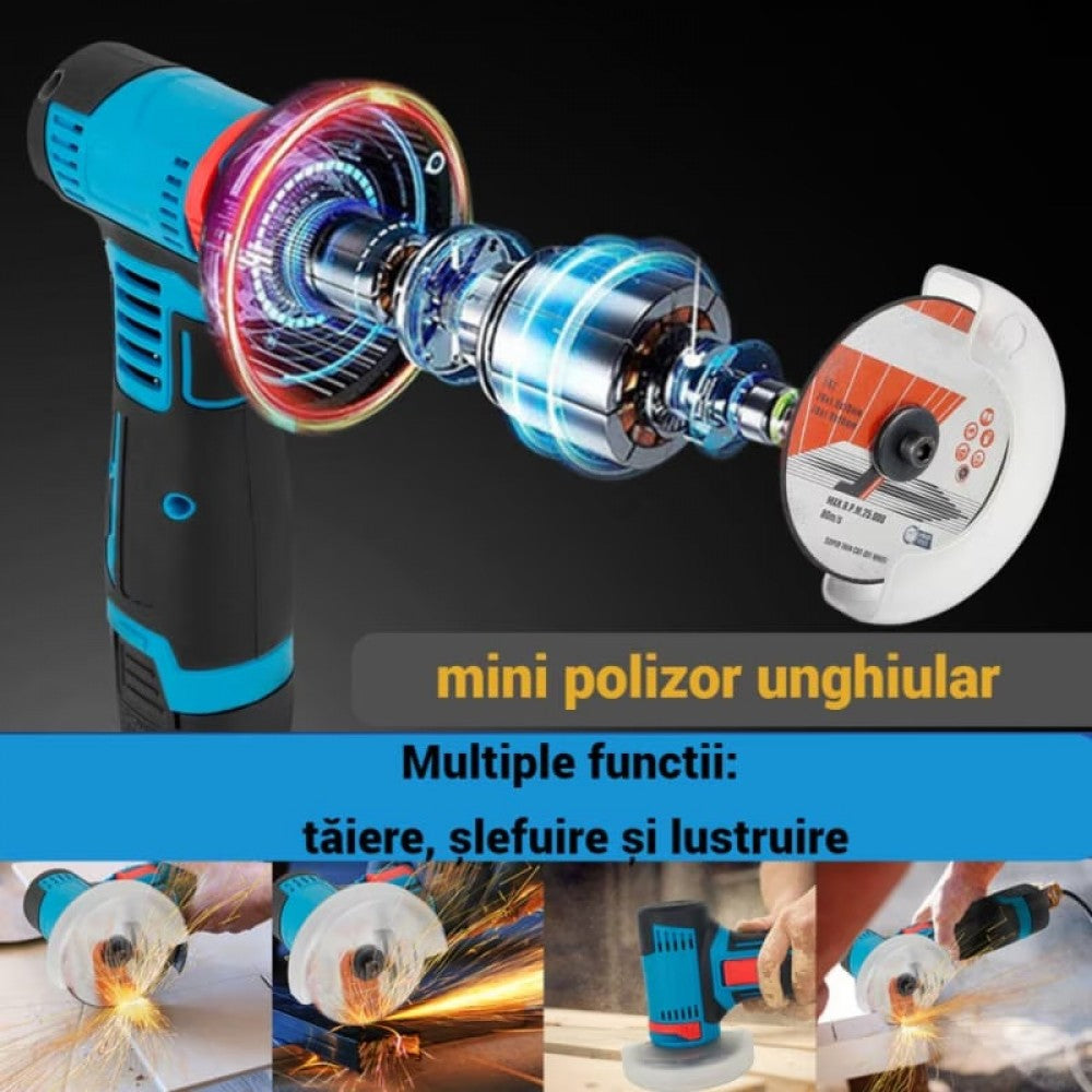 Mini Polizor unghiular portabil cu 2 acumulatorii si 5 discuri, 12V