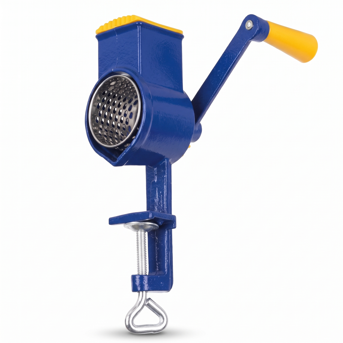 RÂȘNIȚĂ MANUALĂ PENTRU NUCI SI SEMINTE DIN FONTĂ ALBASTRĂ – TAMBUR INOX, PRINDERE PE MASĂ