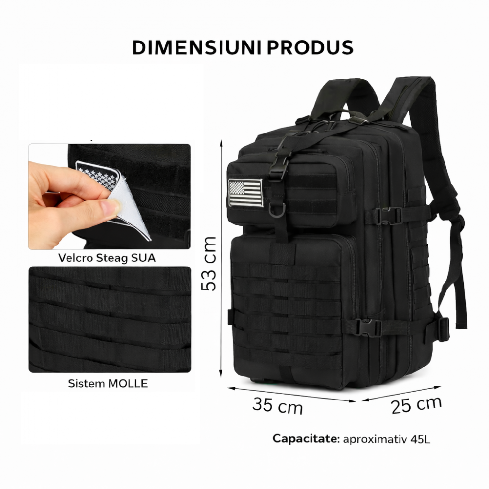 Rucsac Militar Tactic, 45L, 53x35x25CM, Impermeabil, Negru
