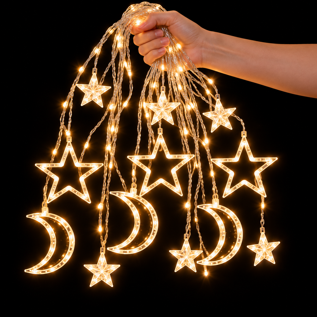 Instalație de Crăciun Tip Perdea Luminoasă cu Figurine Tip Semilună și Steluțe, 3m x 1m, 138 LED-uri, Interconectabilă, 