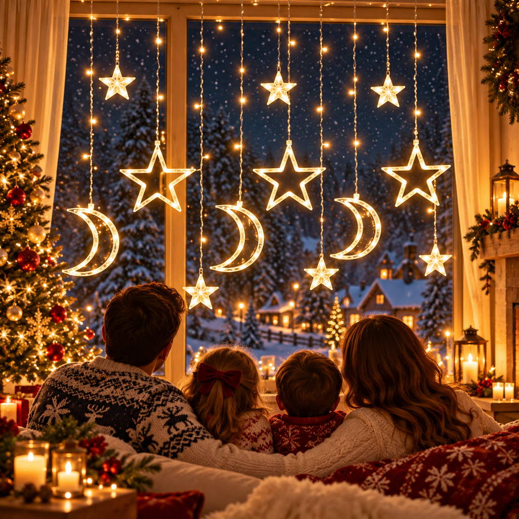 Instalație de Crăciun Tip Perdea Luminoasă cu Figurine Tip Semilună și Steluțe, 3m x 1m, 138 LED-uri, Interconectabilă, 