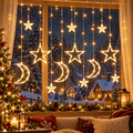 Instalație de Crăciun Tip Perdea Luminoasă cu Figurine Tip Semilună și Steluțe, 3m x 1m, 138 LED-uri, Interconectabilă, 