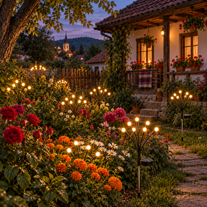 Set 4 x Lampa Solara Licurici pentru Gradina, 6 LED-uri, 70 cm, Lumina Alb Cald