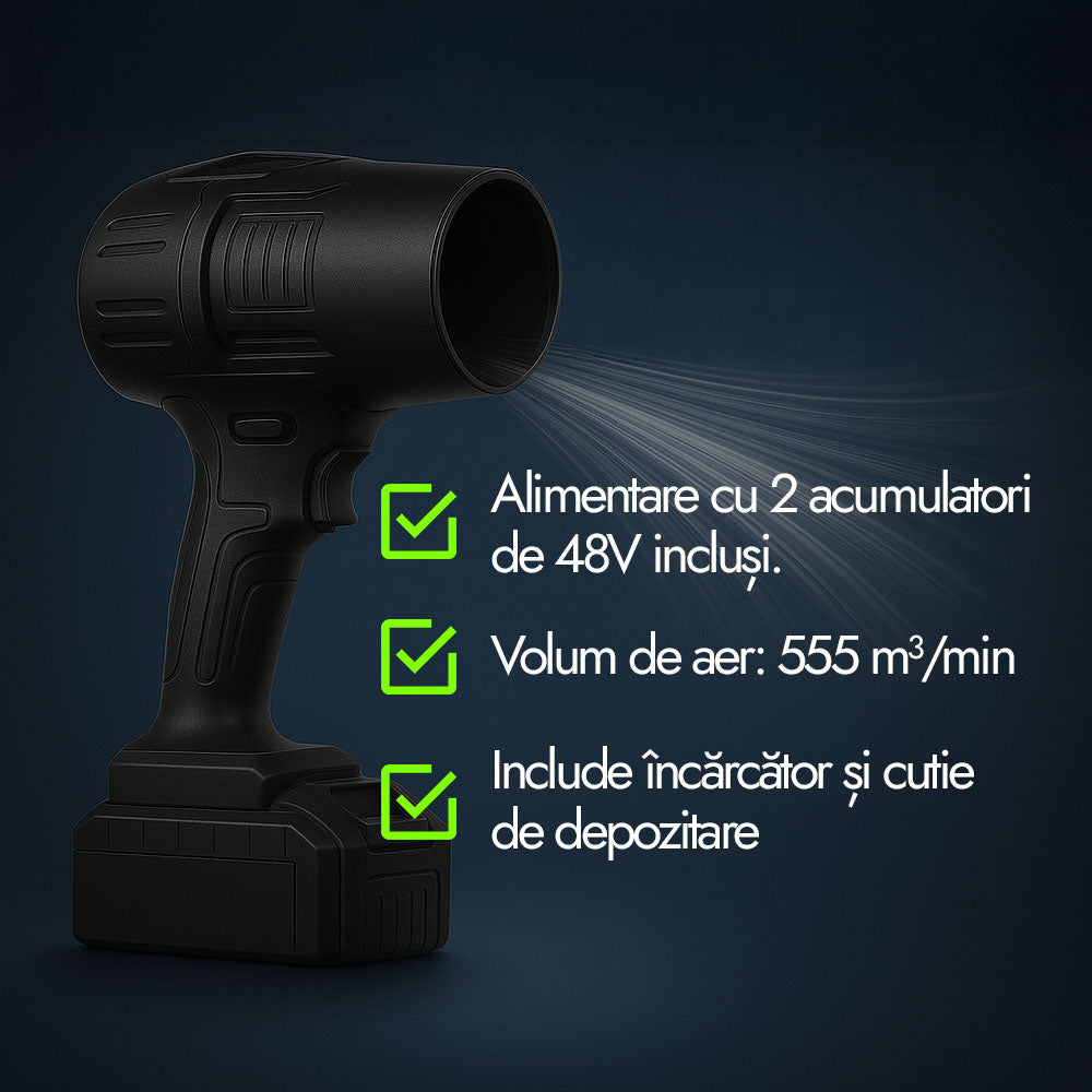 Suflanta Aer OKBOONS™ Portabila Multifunctionala pentru uscare masina, zapada, frunze si praf, 2 acumulatori 48V