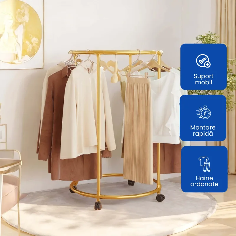 Suport rotund din oțel Inoxidabil pentru haine, cu roti, finisaj cromat, capacitate 40 kg