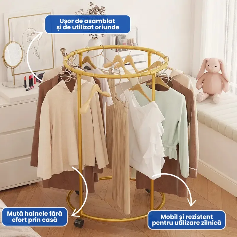 Suport rotund din oțel Inoxidabil pentru haine, cu roti, finisaj cromat, capacitate 40 kg