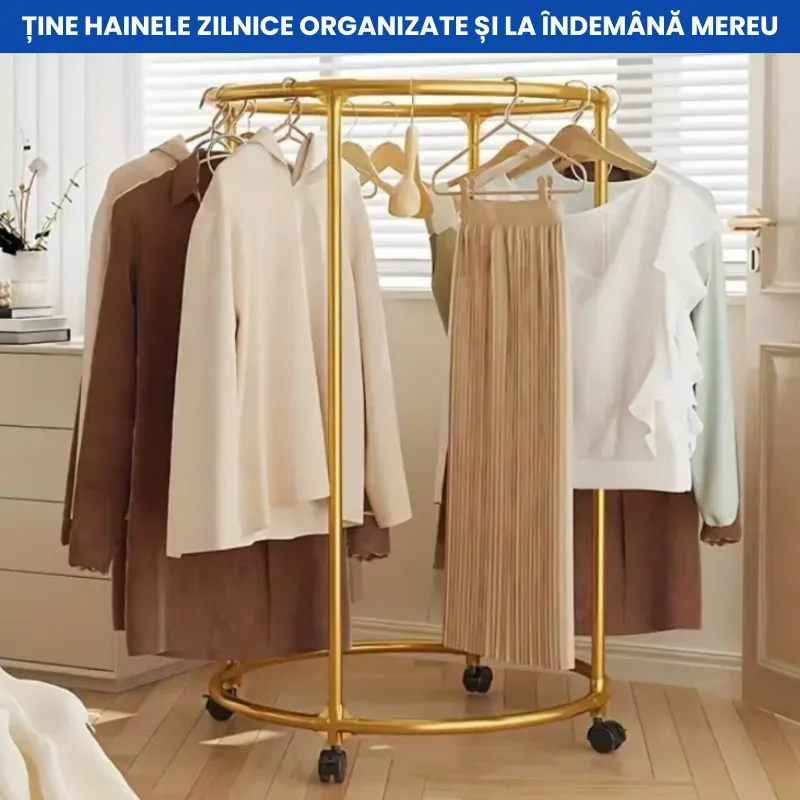 Suport rotund din oțel Inoxidabil pentru haine, cu roti, finisaj cromat, capacitate 40 kg