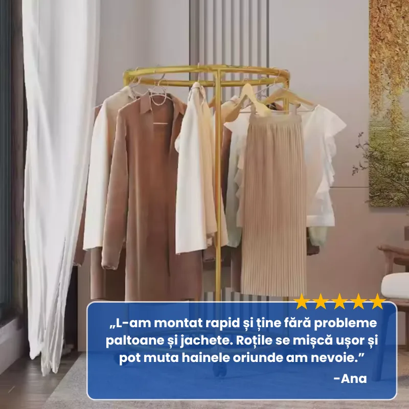 Suport rotund din oțel Inoxidabil pentru haine, cu roti, finisaj cromat, capacitate 40 kg