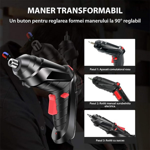 Surubelnita Electrica fara Fir - 6 Nm Cuplu, Li-Ion 1800mAh, Maner Ajustabil, Set Complet de Accesorii