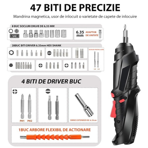 Surubelnita Electrica fara Fir - 6 Nm Cuplu, Li-Ion 1800mAh, Maner Ajustabil, Set Complet de Accesorii