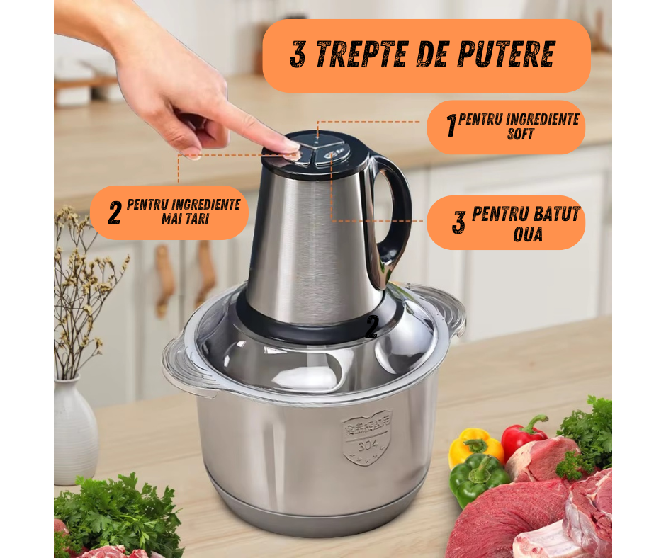 Tocator electric carne si legume, 5 lame inox, 3 viteze, capacitate 5L, bol inox, 1000W