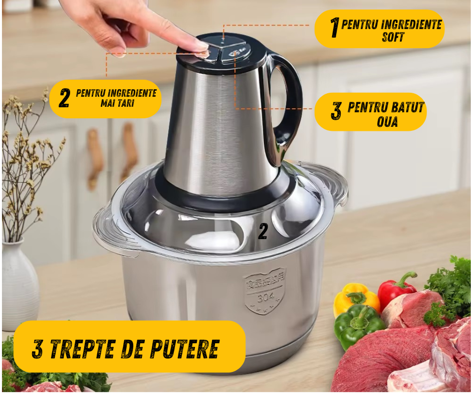 Tocator electric carne si legume, 5 lame inox, 3 viteze, capacitate 5L, bol inox, 1000W