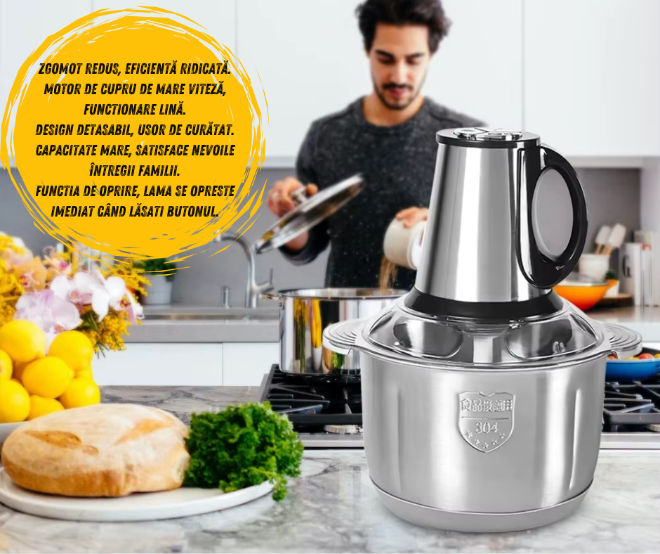 Tocator electric carne si legume, 5 lame inox, 3 viteze, capacitate 5L, bol inox, 1000W