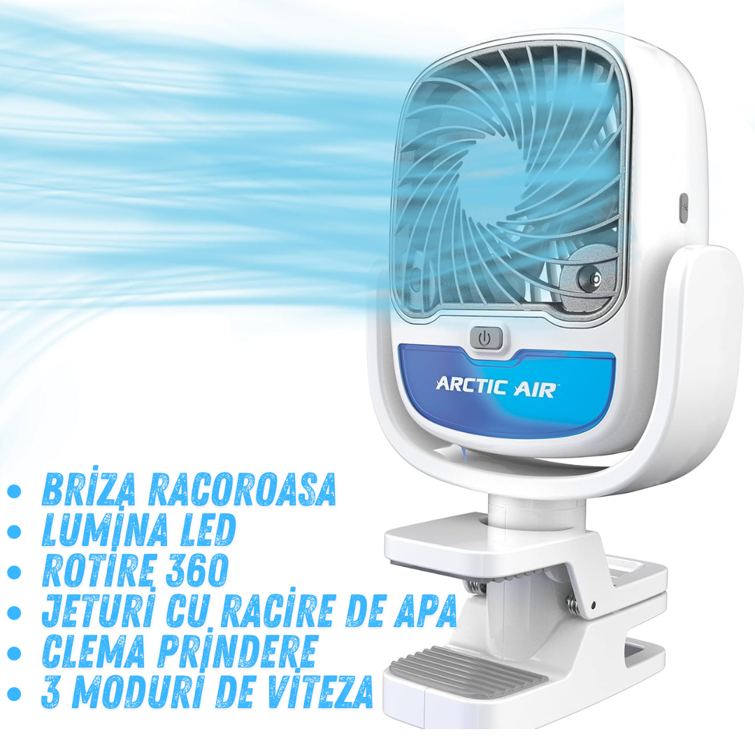 Racitor Aer Portabil cu Apa Arctic Air®, Clema de prindere, Rotire 360 de Grade, Port USB-C, 3 Viteze, 2in1 Ventilator si Umidificator, Culori RGB